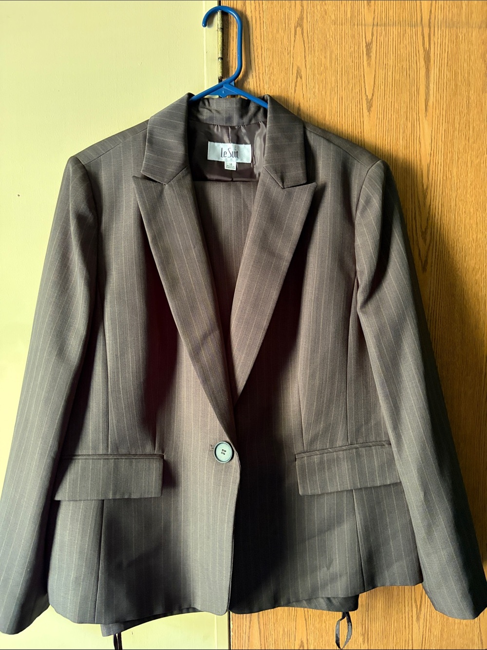 Le Suit Chocolate Brown Pinstripe Single-Button Blazer